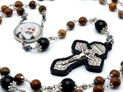 Saint Padre Pio unique rosary beads with nartural dark gemstone and onyx beads, Pardon crucifix embedded in dark wood and stainless steel picture centre medal.