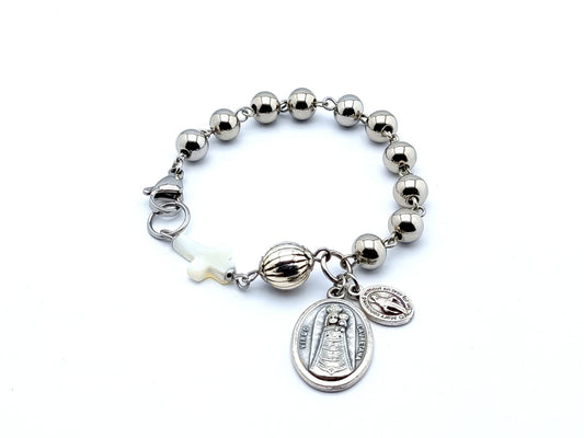 Our Lady of Loretto unique rosary beads single decade rosary bracelet with sterling silver and stainless steel beads, mother of pearl cross and stainless steel lobster clasp.