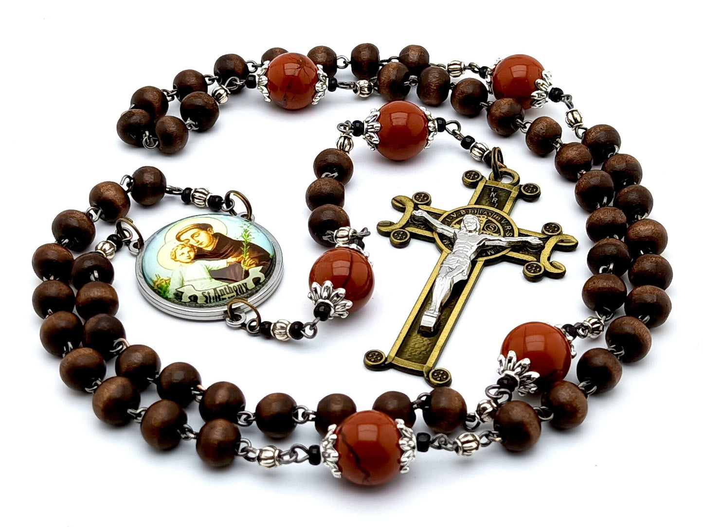 Saint Anthony of Padua unique rosary beads with dark wooden and gemstone beads, bronze crucifix and stainless steel picture centre medal..