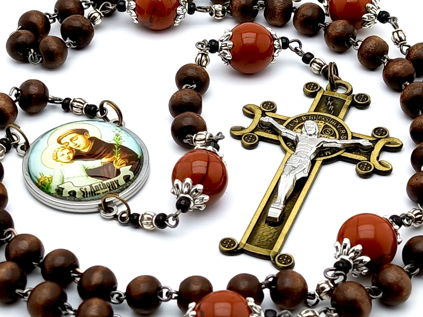 Saint Anthony of Padua unique rosary beads with dark wooden and gemstone beads, bronze crucifix and stainless steel picture centre medal..