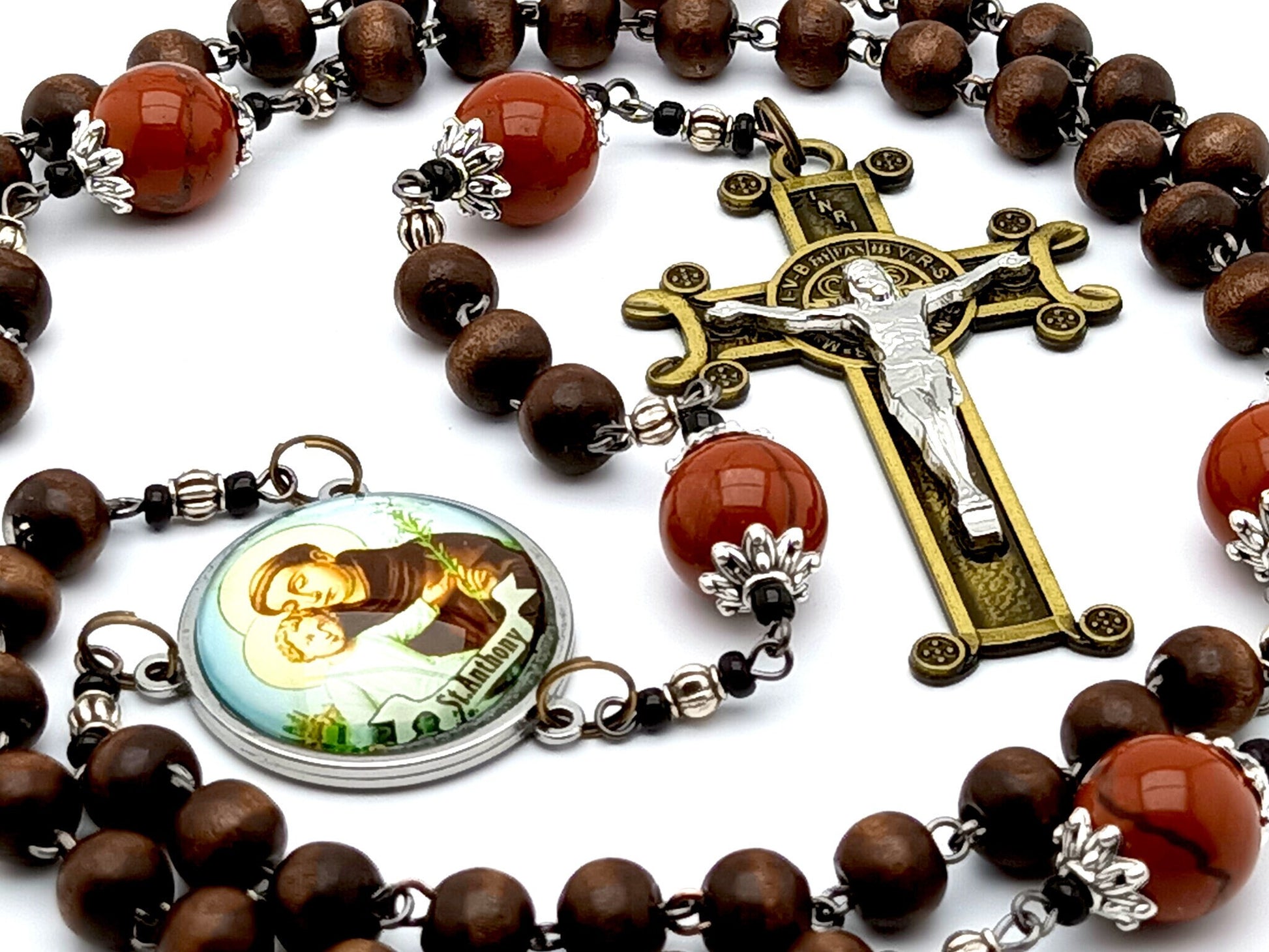 Saint Anthony of Padua unique rosary beads with dark wooden and gemstone beads, bronze crucifix and stainless steel picture centre medal..