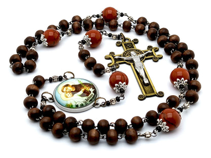 Saint Anthony of Padua unique rosary beads with dark wooden and gemstone beads, bronze crucifix and stainless steel picture centre medal..
