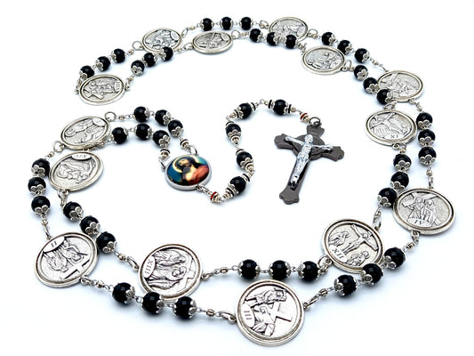 Way of the Cross unique rosary beads chaplet with onyx beads, silver picture medals, black Saint Benedict crucifix, picture centre medal and silver bead caps.