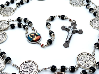 Way of the Cross unique rosary beads chaplet with onyx beads, silver picture medals, black Saint Benedict crucifix, picture centre medal and silver bead caps.