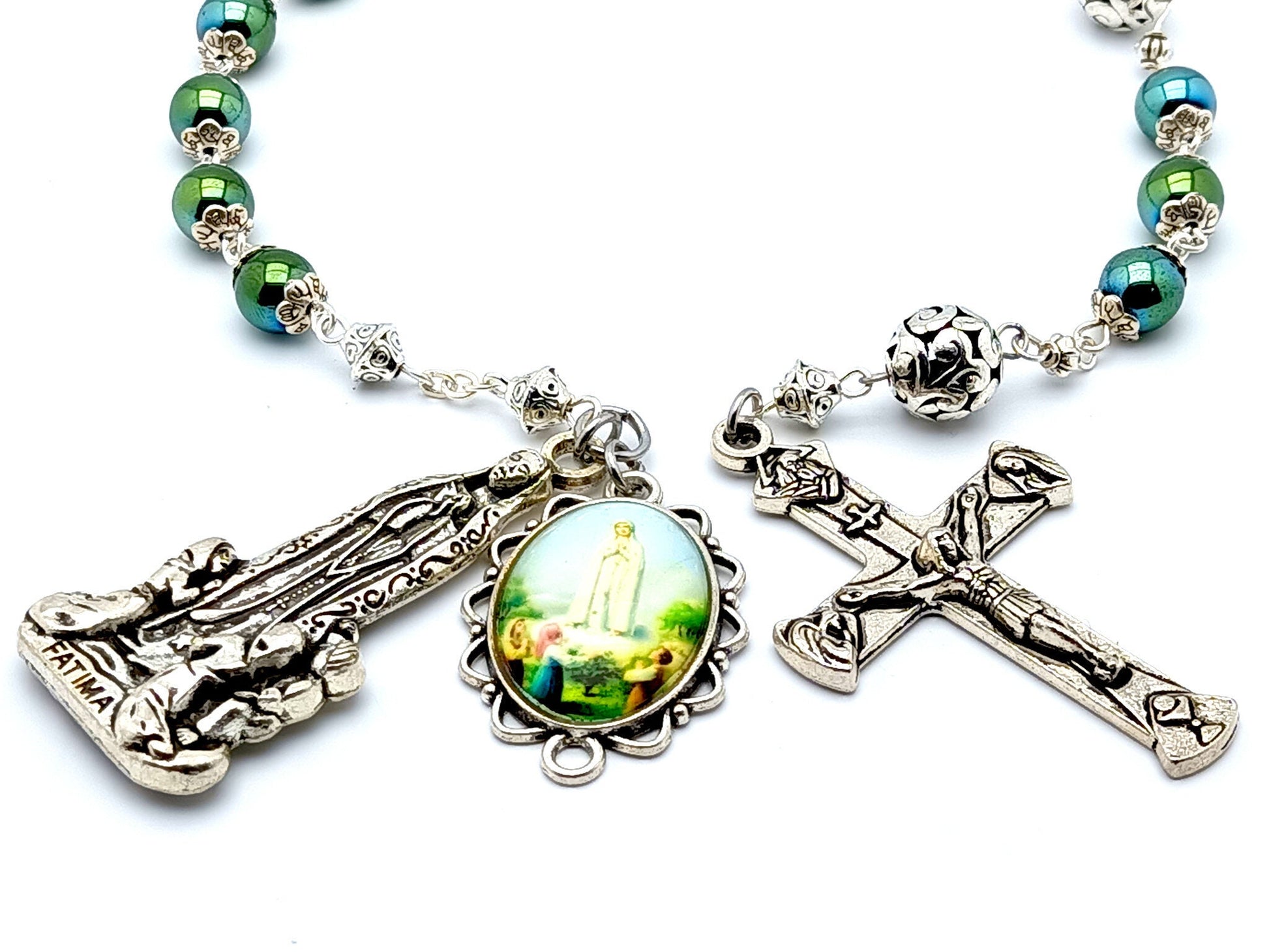 Our Lady of fatima unique rosary beads single decade rosary with green hemitite and silver beads, silver Holy Trinity crucifix and picture end medal.
