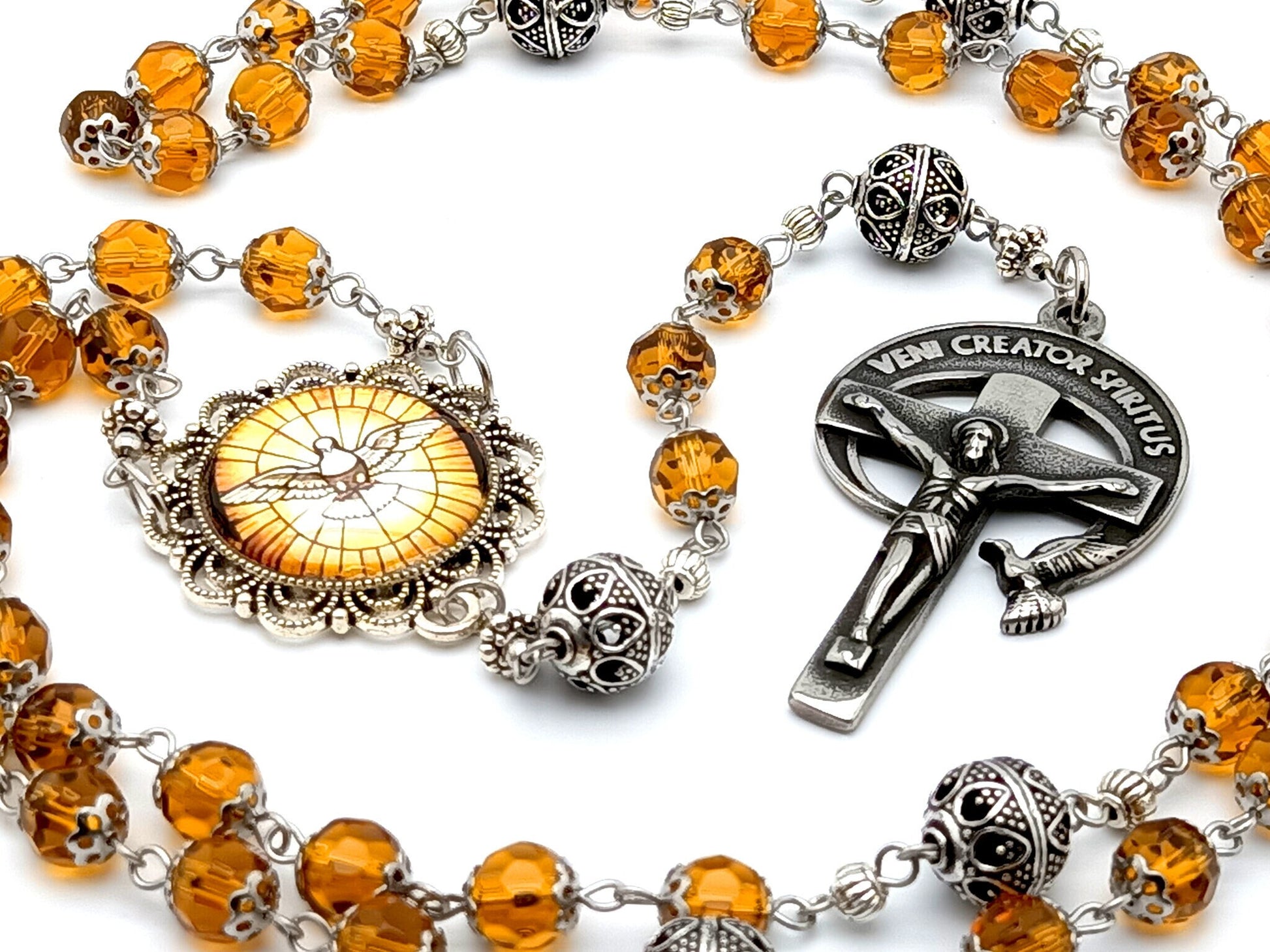 Holy Spirit unique rosary beads with amber faceted glass and silver beads, Holy Spirit crucifix and picture centre medal.