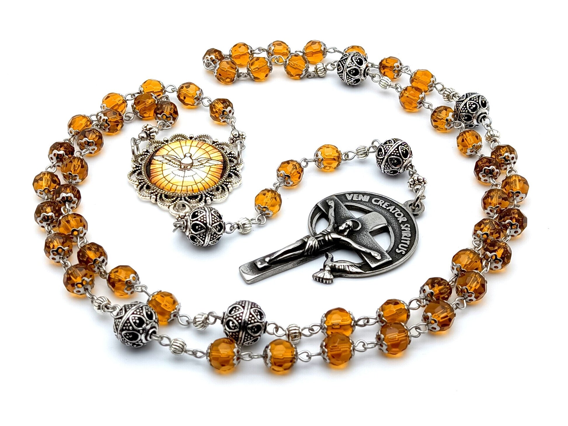 Holy Spirit unique rosary beads with amber faceted glass and silver beads, Holy Spirit crucifix and picture centre medal.