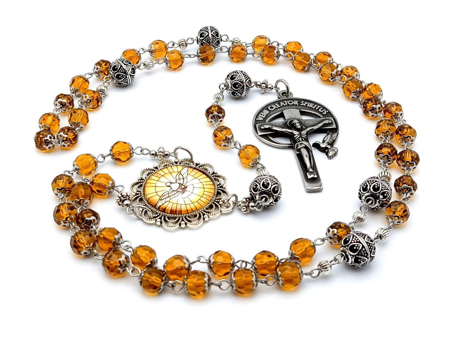 Holy Spirit unique rosary beads with amber faceted glass and silver beads, Holy Spirit crucifix and picture centre medal.