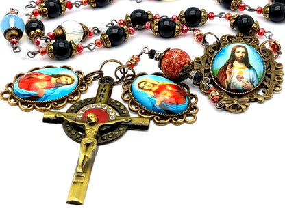 Two Heart of Jesus and Mary unique rosary beads prayer chaplet with onyx and opal gemstone beads, bronze and red enamel crucifix and bronze picture medal.