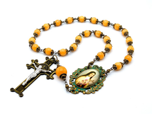 Saint Therese of Lisieux unique rosary beads prayer chaplet with yellow agate gemstone beads, bronze verdigris picture centre medal and bronze crucifix. 