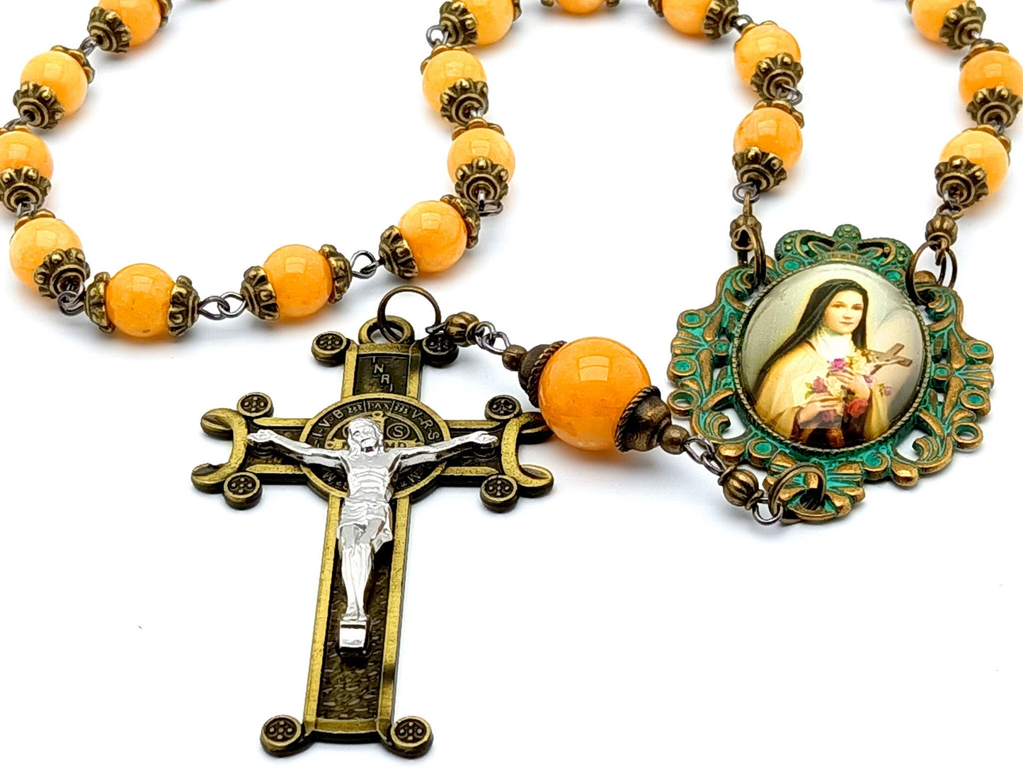 Saint Therese of Lisieux unique rosary beads prayer chaplet with yellow agate gemstone beads, bronze verdigris picture centre medal and bronze crucifix. 