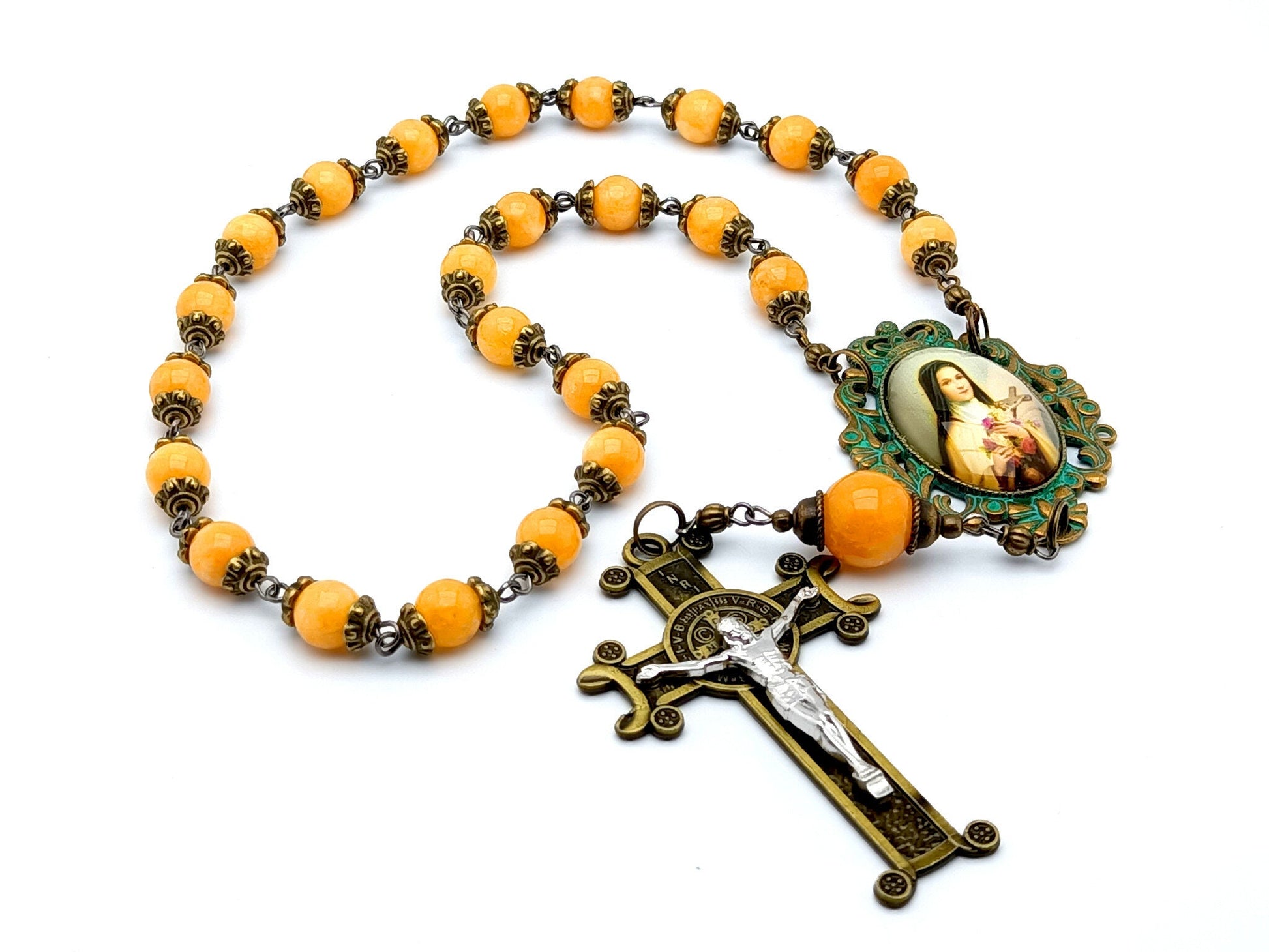 Saint Therese of Lisieux unique rosary beads prayer chaplet with yellow agate gemstone beads, bronze verdigris picture centre medal and bronze crucifix. 