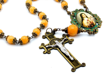 Saint Therese of Lisieux unique rosary beads prayer chaplet with yellow agate gemstone beads, bronze verdigris picture centre medal and bronze crucifix. 