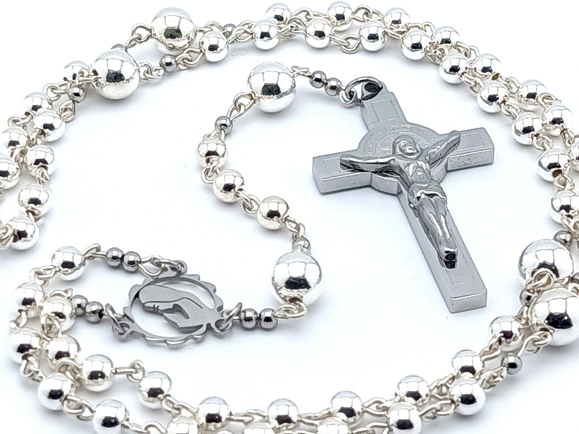 Virgin Mary unique rosary beads 925 sterling silver rosary necklace with stainless steel Saint Benedict crucifix and virgin centre medal.