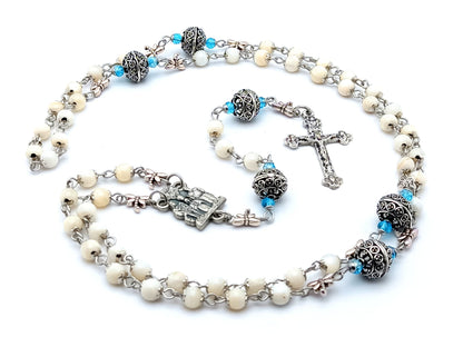 The coronation of the Blessed Virgin Mary unique rosary beads with mother of pearl and silver beads, Holy Trinity crucifix and silver centre medal.