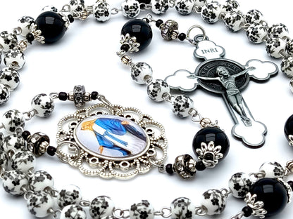 Our Lady of Grace unique rosary beads with black and white floral porcelain and onyx gemstone beads, black and white enamel crucifix and picture centre medal.