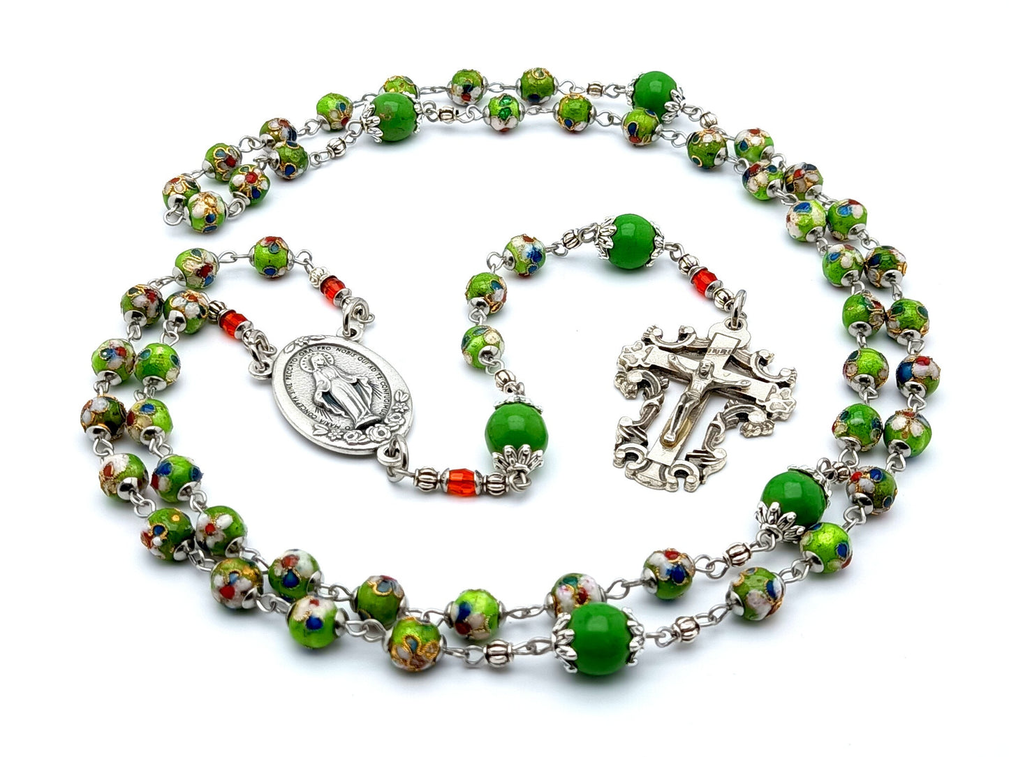 Miraculous medal unique rosary beads with cloisonne green enamel and howlite beads, filigree crucifix and miracluous medal floral centre medal.