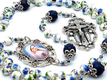 Immaculate of Mary unique rosary beads with blue floral porcelain and matt lapis lazuli beads, holy angels crucifix and picture centre medal.