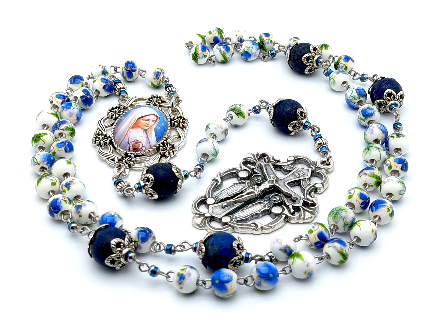 Immaculate of Mary unique rosary beads with blue floral porcelain and matt lapis lazuli beads, holy angels crucifix and picture centre medal.