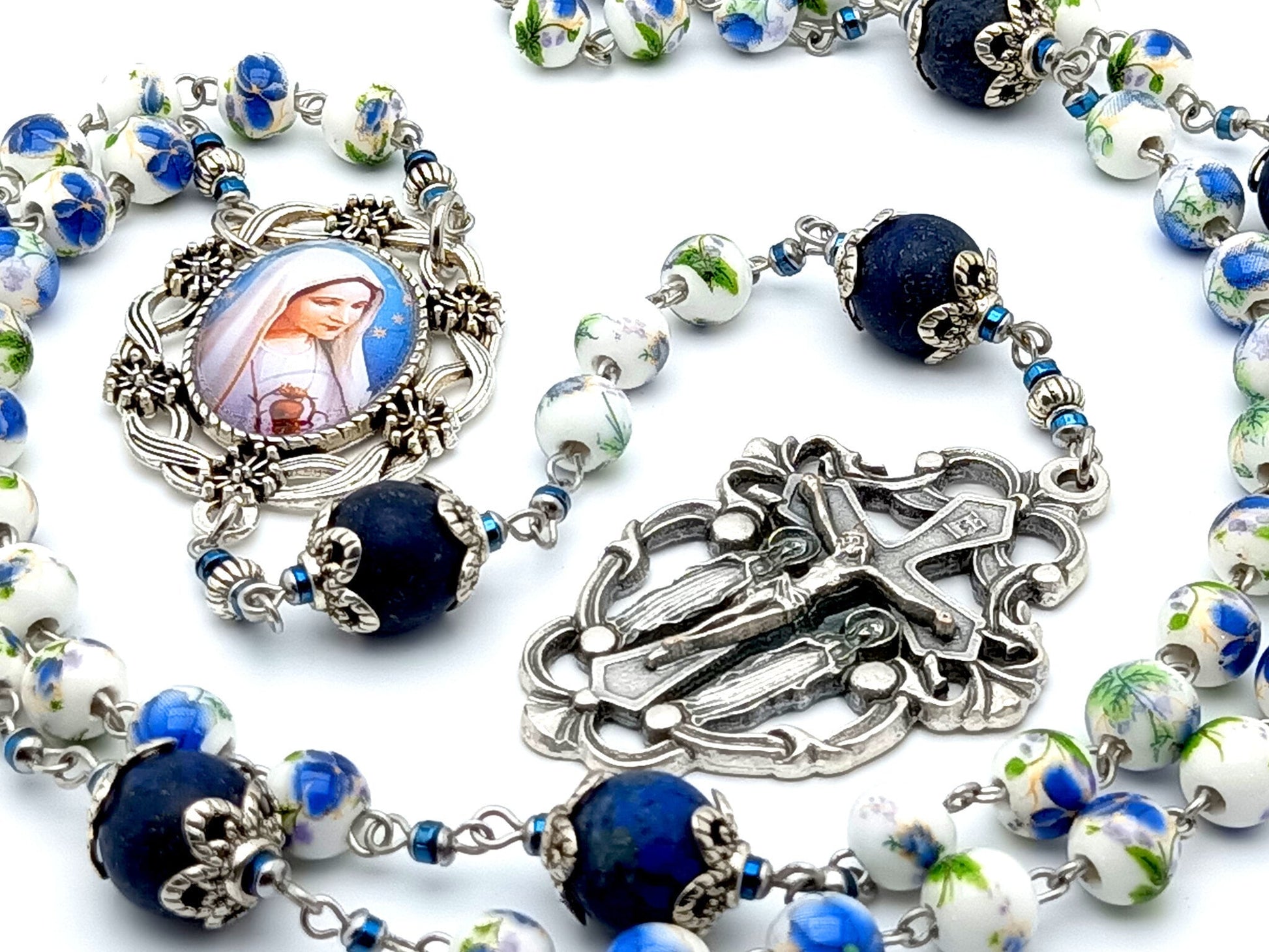 Immaculate of Mary unique rosary beads with blue floral porcelain and matt lapis lazuli beads, holy angels crucifix and picture centre medal.