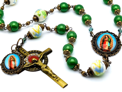 Our Lady of Guadalupe unique rosary beads prayer chaplet with green illusion glass and floral porcelain beads, brass and red enamel crucifix, picture centre and end medals.