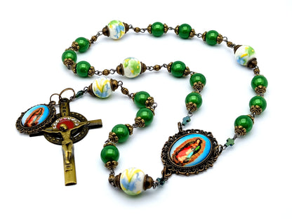 Our Lady of Guadalupe unique rosary beads prayer chaplet with green illusion glass and floral porcelain beads, brass and red enamel crucifix, picture centre and end medals.