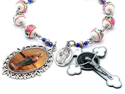 Our Lady helper of Christians unique rosary beads prayer chaplet with pink and green floral porcelain beads, white enamel pewter crucifix and picture end medal.