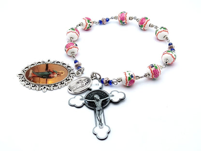 Our Lady helper of Christians unique rosary beads prayer chaplet with pink and green floral porcelain beads, white enamel pewter crucifix and picture end medal.