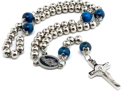 Our Lady of Grace unique rosary beads with hypoallergenic stainless steel and blue tigers eye beads, 925 sterling silver belcher chain and stainless steel crucifix and etched centre medal.