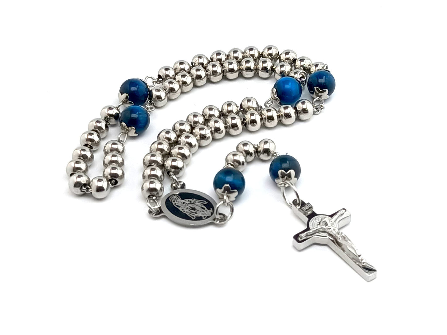 Our Lady of Grace unique rosary beads with hypoallergenic stainless steel and blue tigers eye beads, 925 sterling silver belcher chain and stainless steel crucifix and etched centre medal.