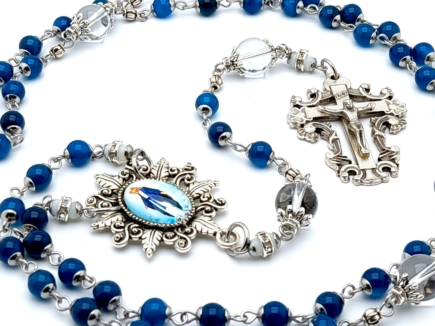 Our Lady of Grace unique rosary beads with blue agate and crystal gemstone beads, filigree crucifix and picture centre medal.