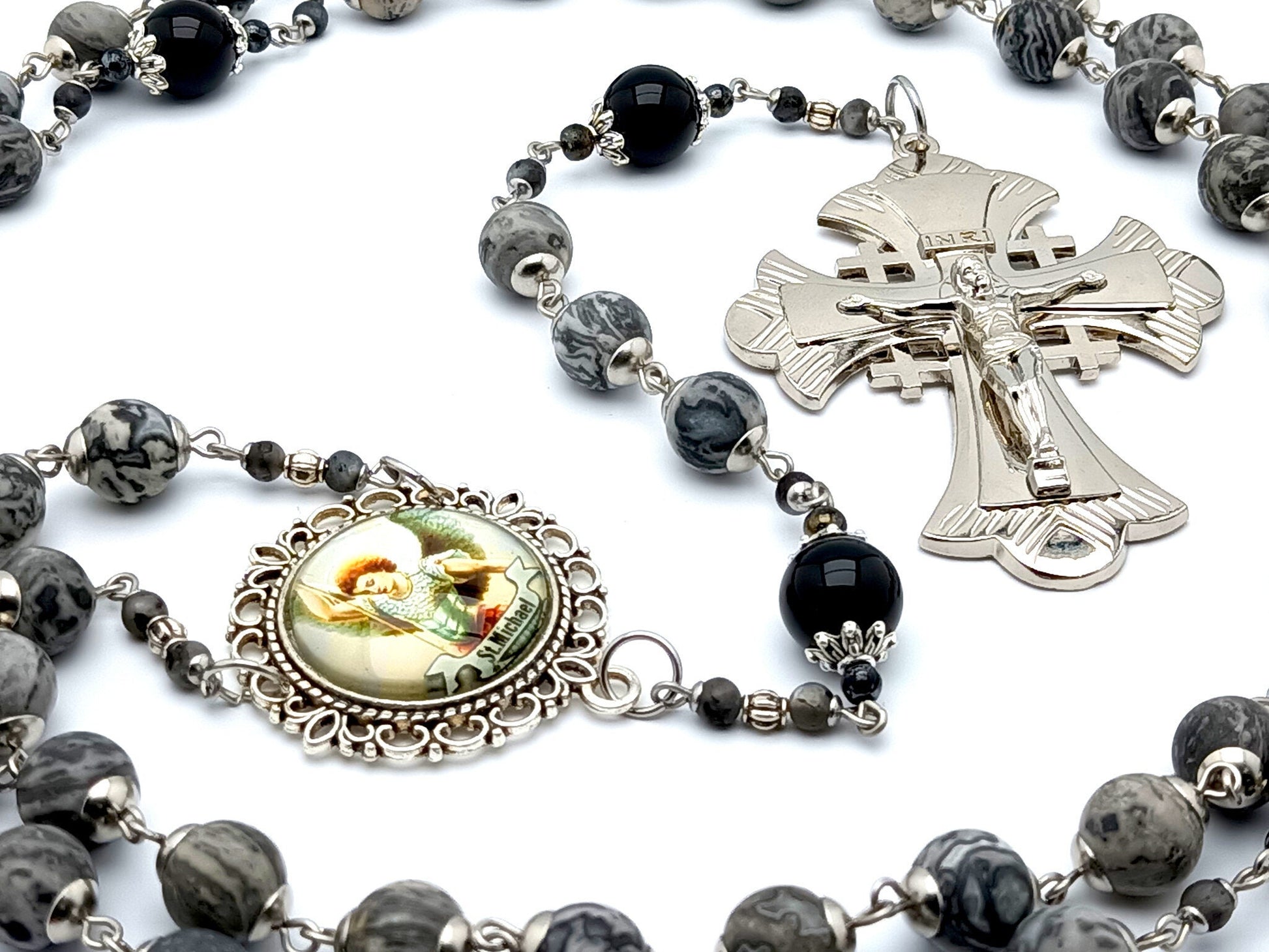 Saint Michael unique rosary beads with lavakite and onyx gemstone beads, large silver plated crucifix and picture centre medal.
