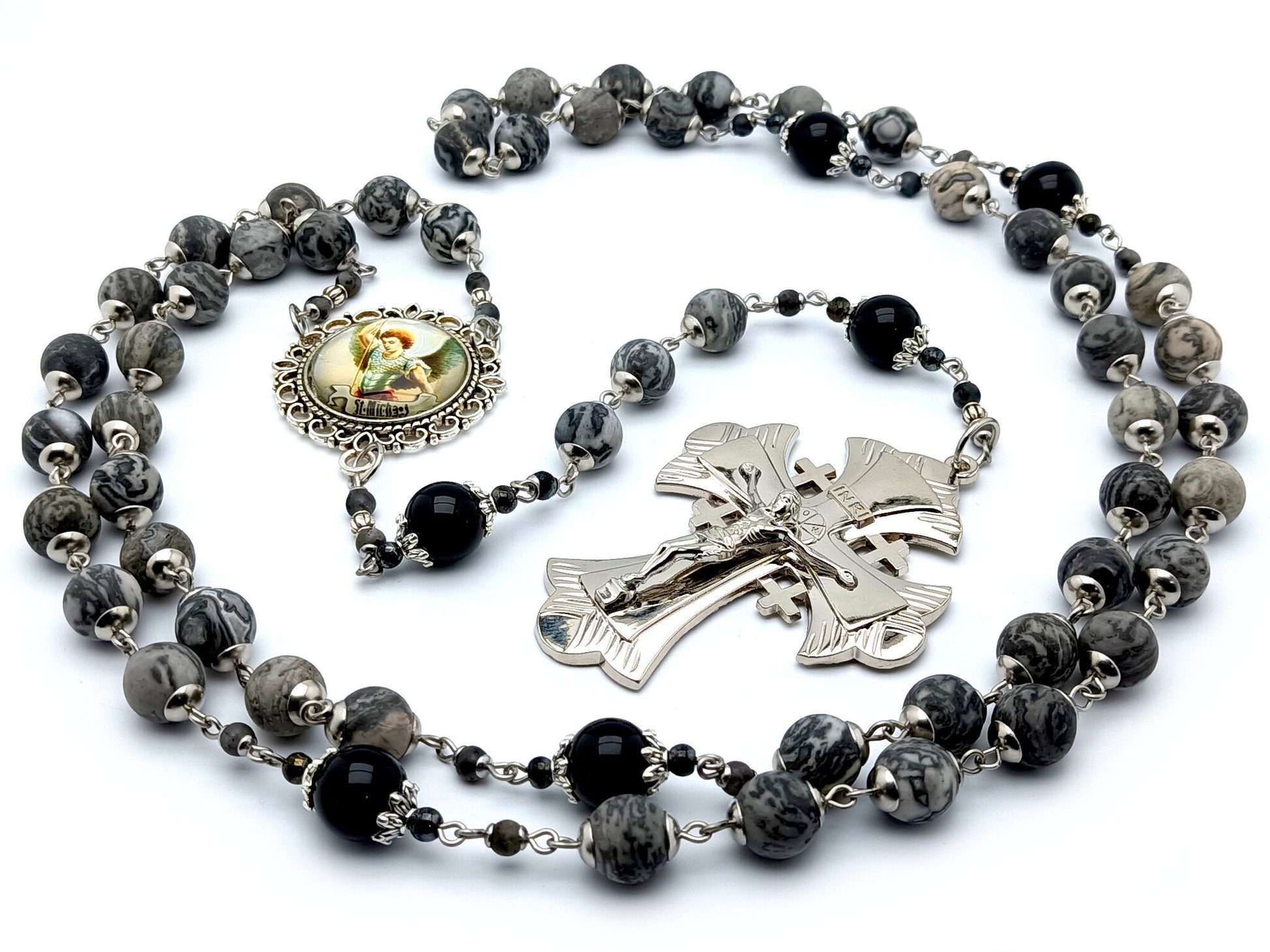 Saint Michael unique rosary beads with lavakite and onyx gemstone beads, large silver plated crucifix and picture centre medal.