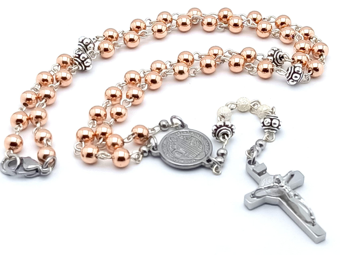 Saint Benedict unique rosary beads 925 sterling silver rose gold rosary bead necklace with stainless steel crucifix and centre medal.