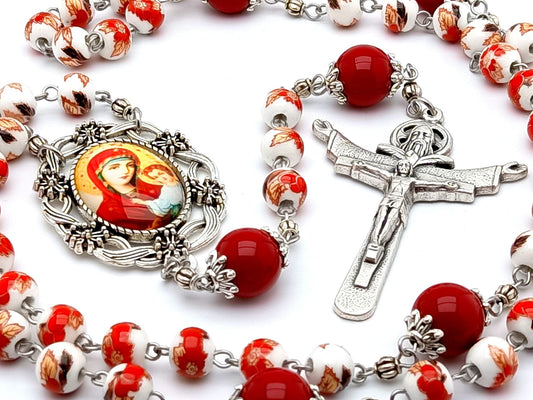 Our Lady of Perpetual Help unique rosary beads with red floral porcelain and red gemstone beads, silver Trinity crucifix and silver picture centre medal.