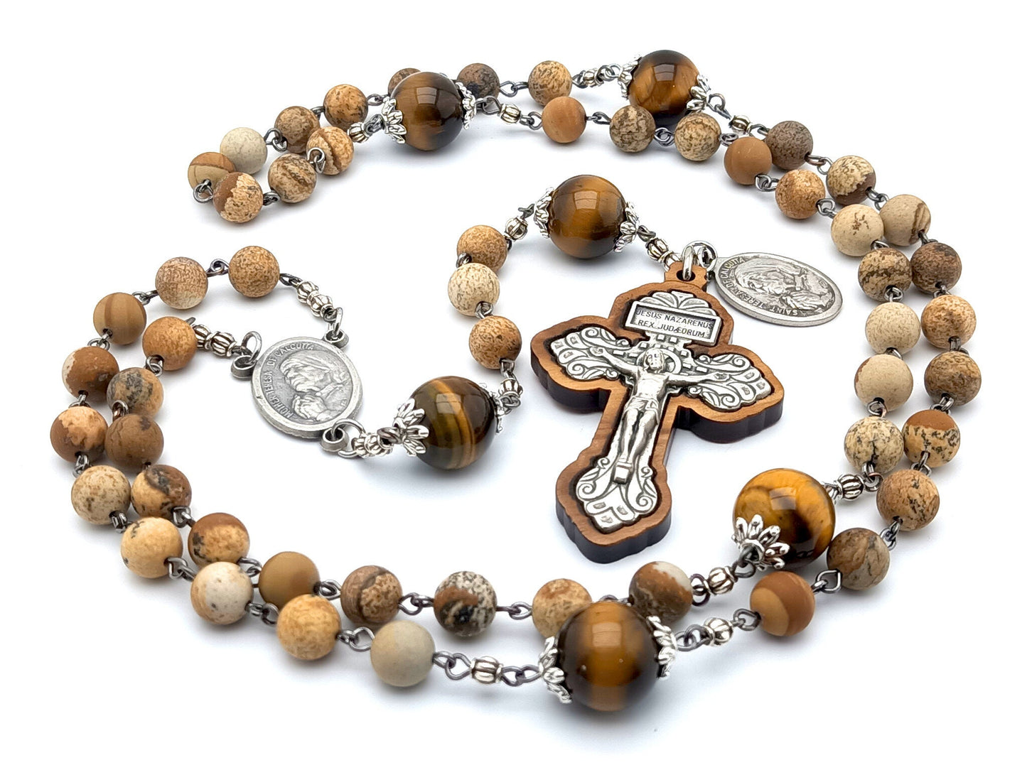 Saint Teresa of Calcutta unique rosary beads with natural and tigers eye gemstone beads, Pardon crucifix embedded in wood and metal centre medal.