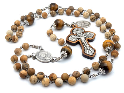 Saint Teresa of Calcutta unique rosary beads with natural and tigers eye gemstone beads, Pardon crucifix embedded in wood and metal centre medal.