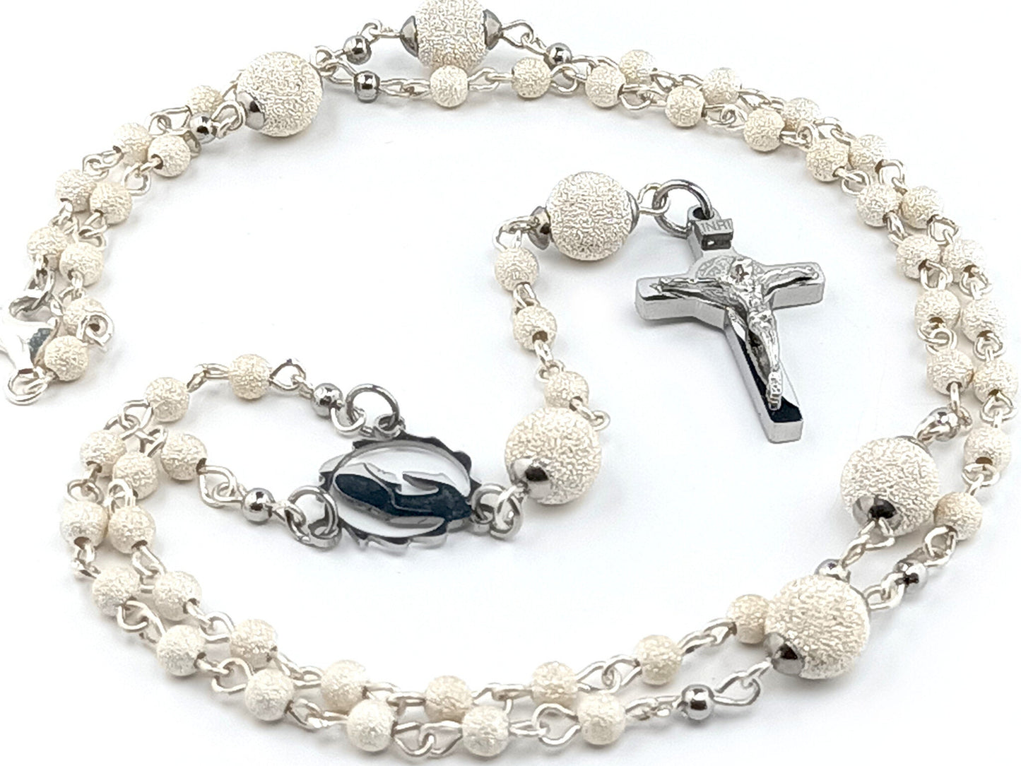 Virgin Mary unique rosary beads 925 sterling silver rosary necklace with stainless steel centre medal and crucifix.