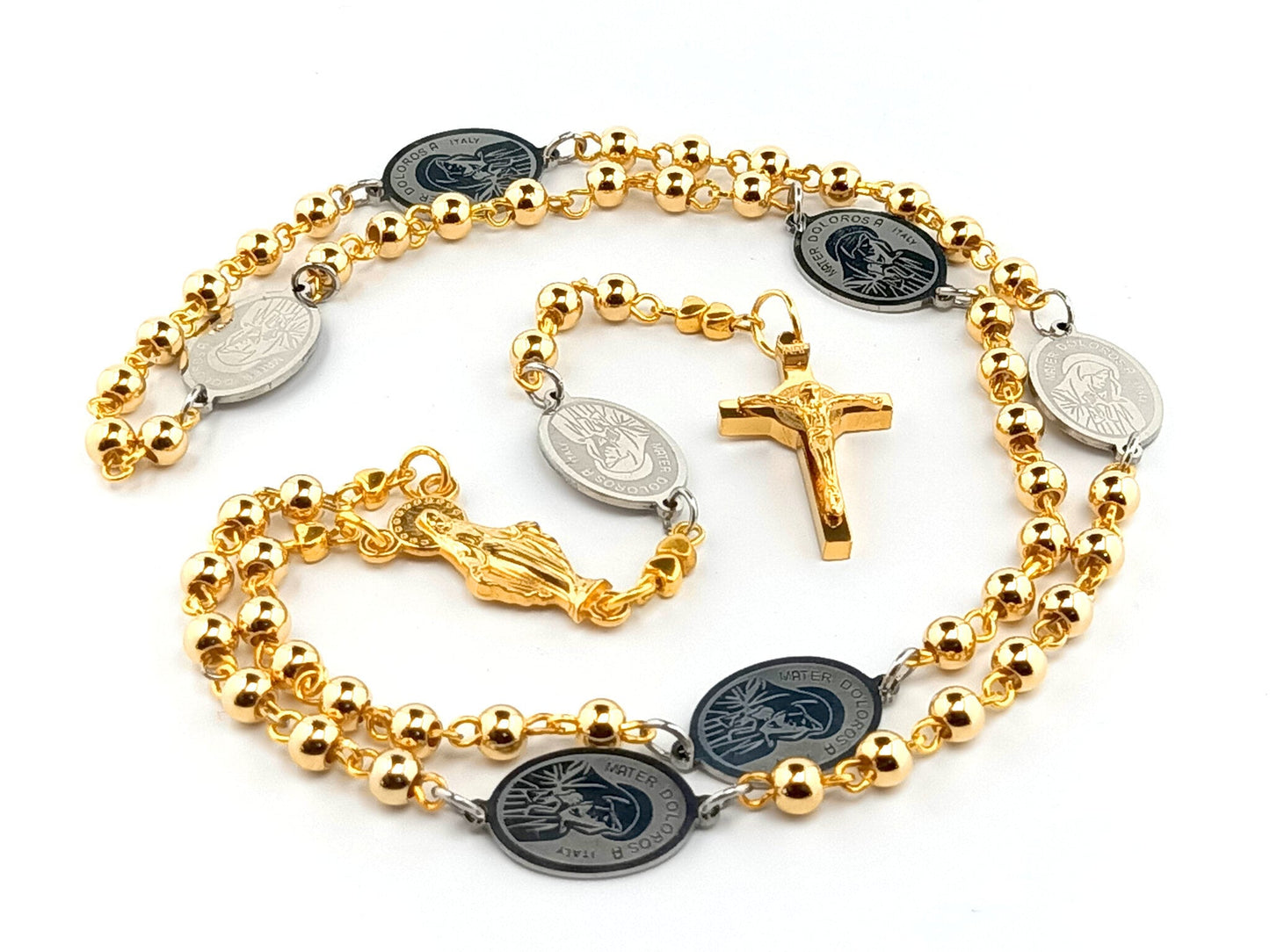 Our Lady of Sorrows unique rosary beads dolor rosary with gold plated stainless steel beads, stainless steel dolor medals and Saint Benedict crucifix.