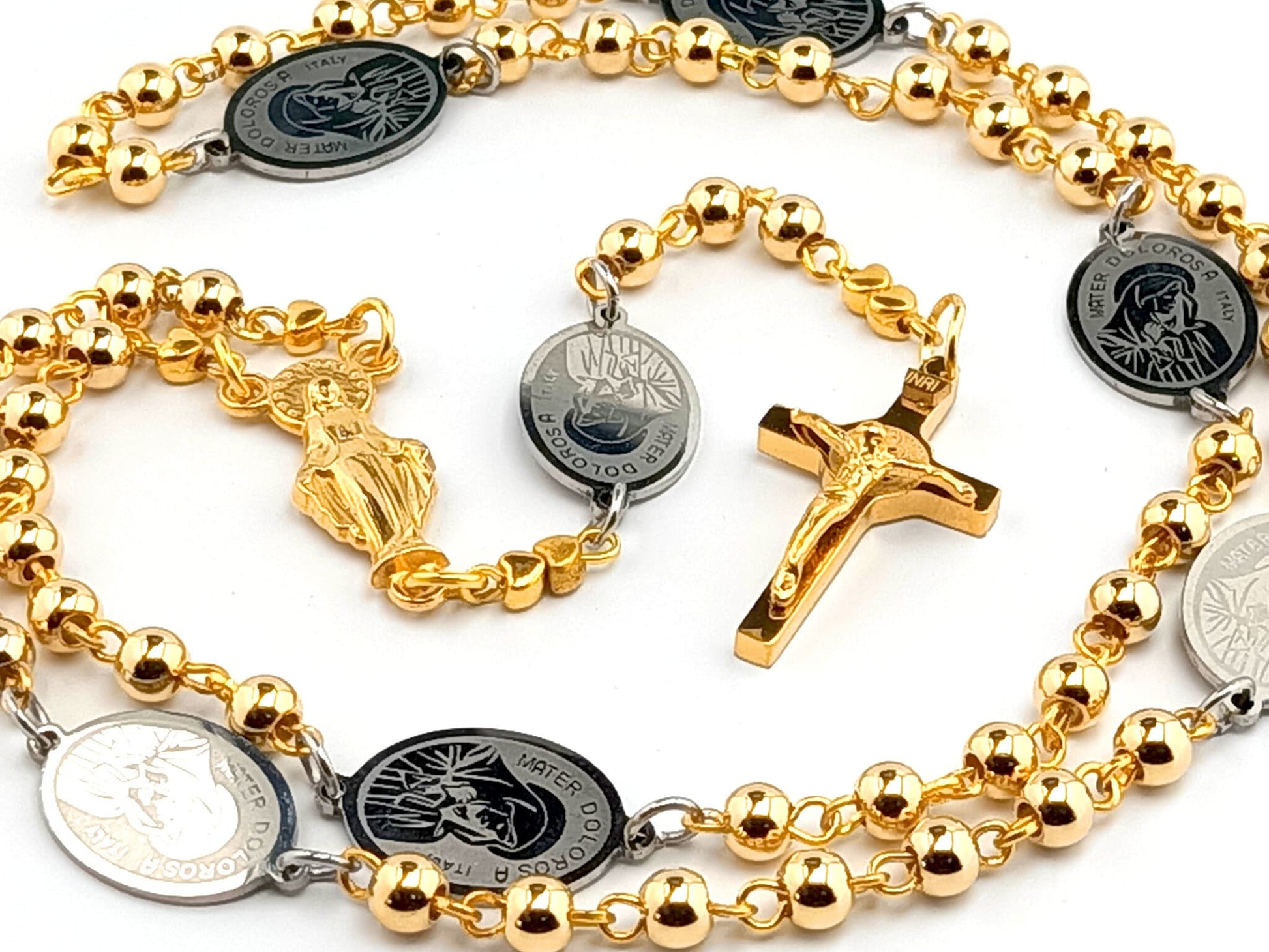 Our Lady of Sorrows unique rosary beads dolor rosary with gold plated stainless steel beads, stainless steel dolor medals and Saint Benedict crucifix.