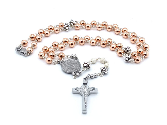 Saint Benedict unique rosary beads 925 sterling silver rose gold rosary bead necklace with stainless steel crucifix and centre medal.