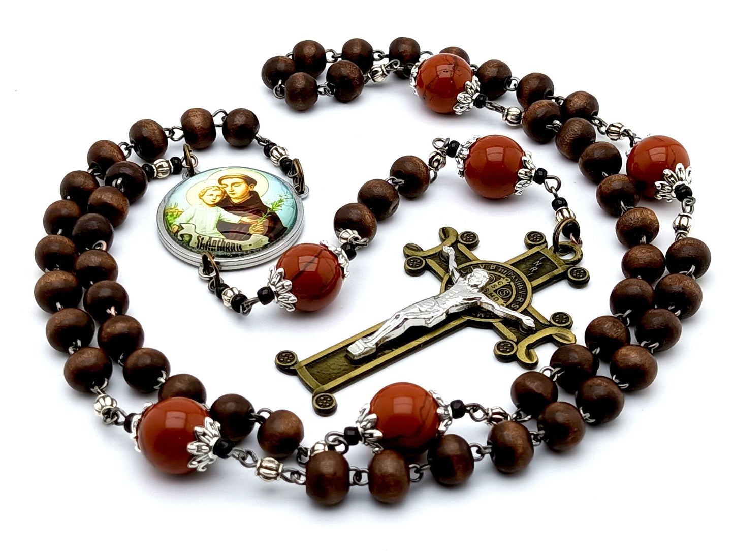 Saint Anthony of Padua unique rosary beads with dark wooden and gemstone beads, bronze crucifix and stainless steel picture centre medal..