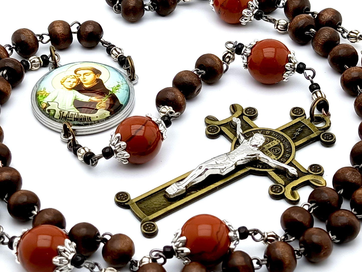 Saint Anthony of Padua unique rosary beads with dark wooden and gemstone beads, bronze crucifix and stainless steel picture centre medal..