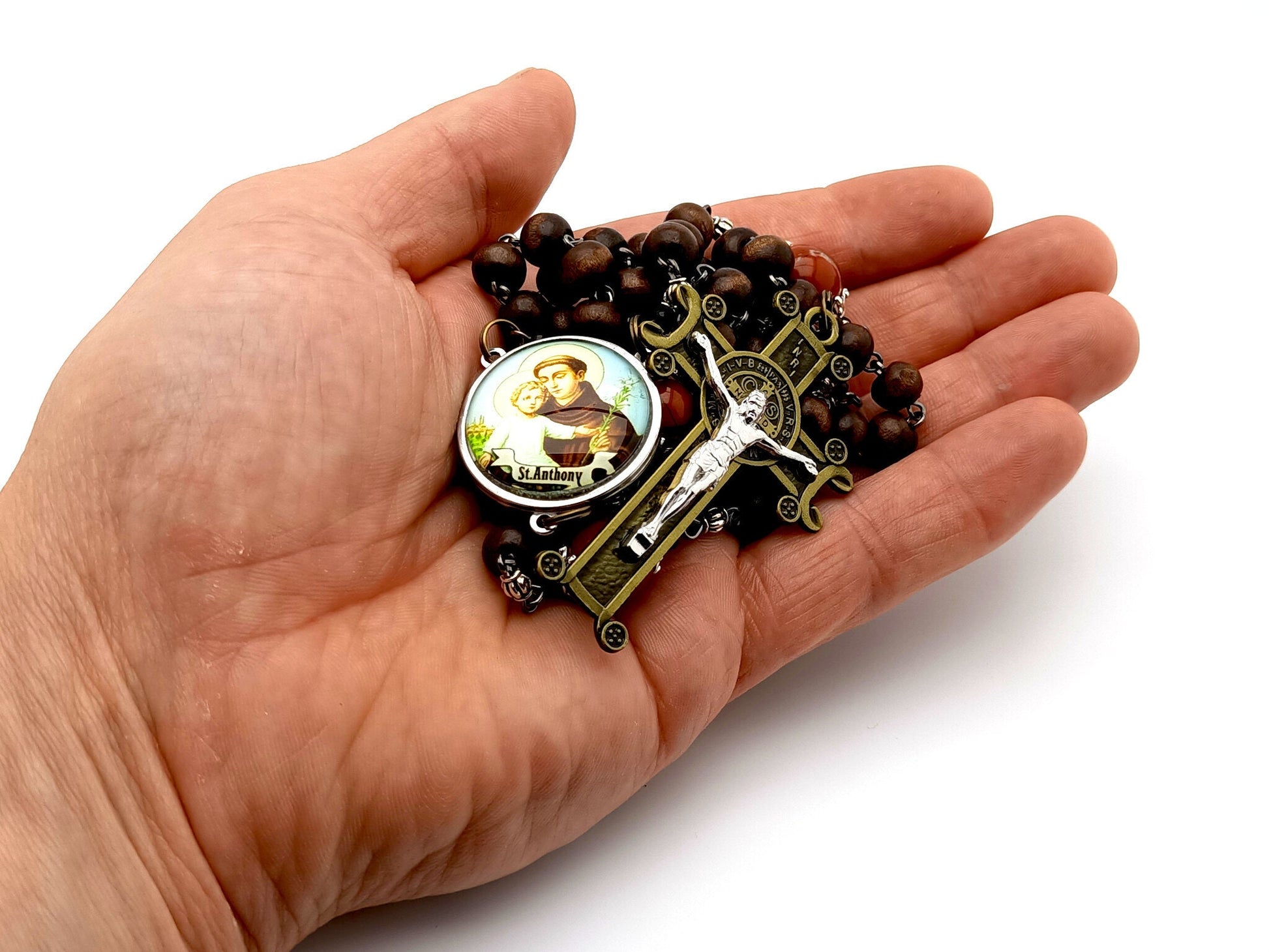 Saint Anthony of Padua unique rosary beads with dark wooden and gemstone beads, bronze crucifix and stainless steel picture centre medal..