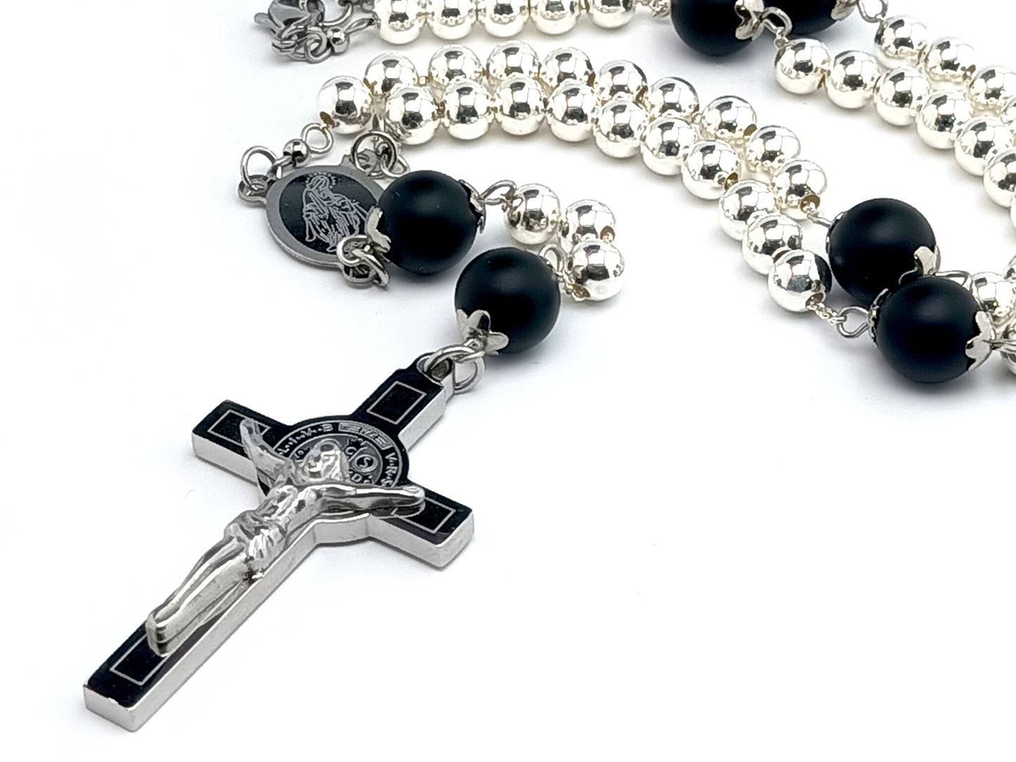 Our Lady of Grace unique rosary beads 925 sterling silver rosary necklace with matt onyx and 925 silver beads stainless steel Saint Benedict crucifix, etched medal and lobster clasp.
