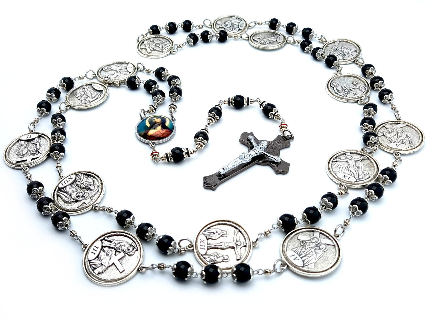 Way of the Cross unique rosary beads chaplet with onyx beads, silver picture medals, black Saint Benedict crucifix, picture centre medal and silver bead caps.