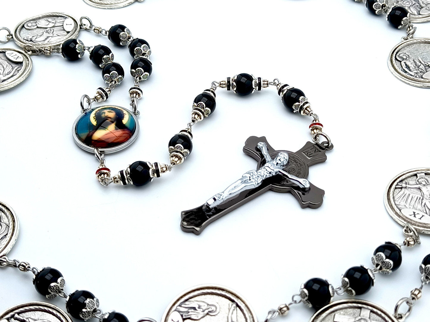 Way of the Cross unique rosary beads chaplet with onyx beads, silver picture medals, black Saint Benedict crucifix, picture centre medal and silver bead caps.