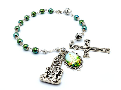 Our Lady of fatima unique rosary beads single decade rosary with green hemitite and silver beads, silver Holy Trinity crucifix and picture end medal.