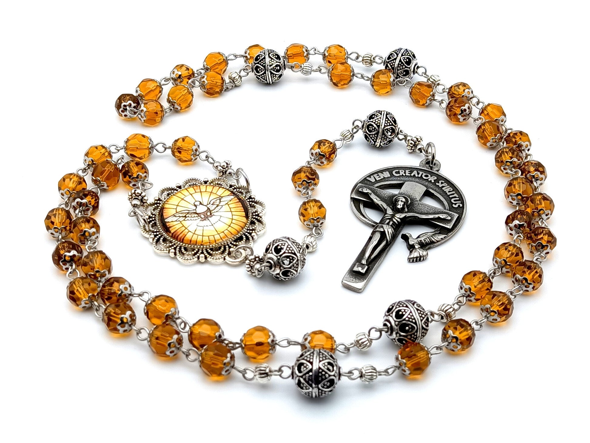 Holy Spirit unique rosary beads with amber faceted glass and silver beads, Holy Spirit crucifix and picture centre medal.