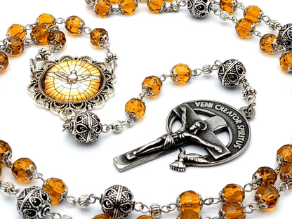 Holy Spirit unique rosary beads with amber faceted glass and silver beads, Holy Spirit crucifix and picture centre medal.